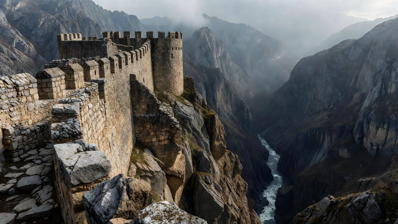 Render of heavy fortress ramparts with detailed masonry textures overlooking a deep mountain gorge
