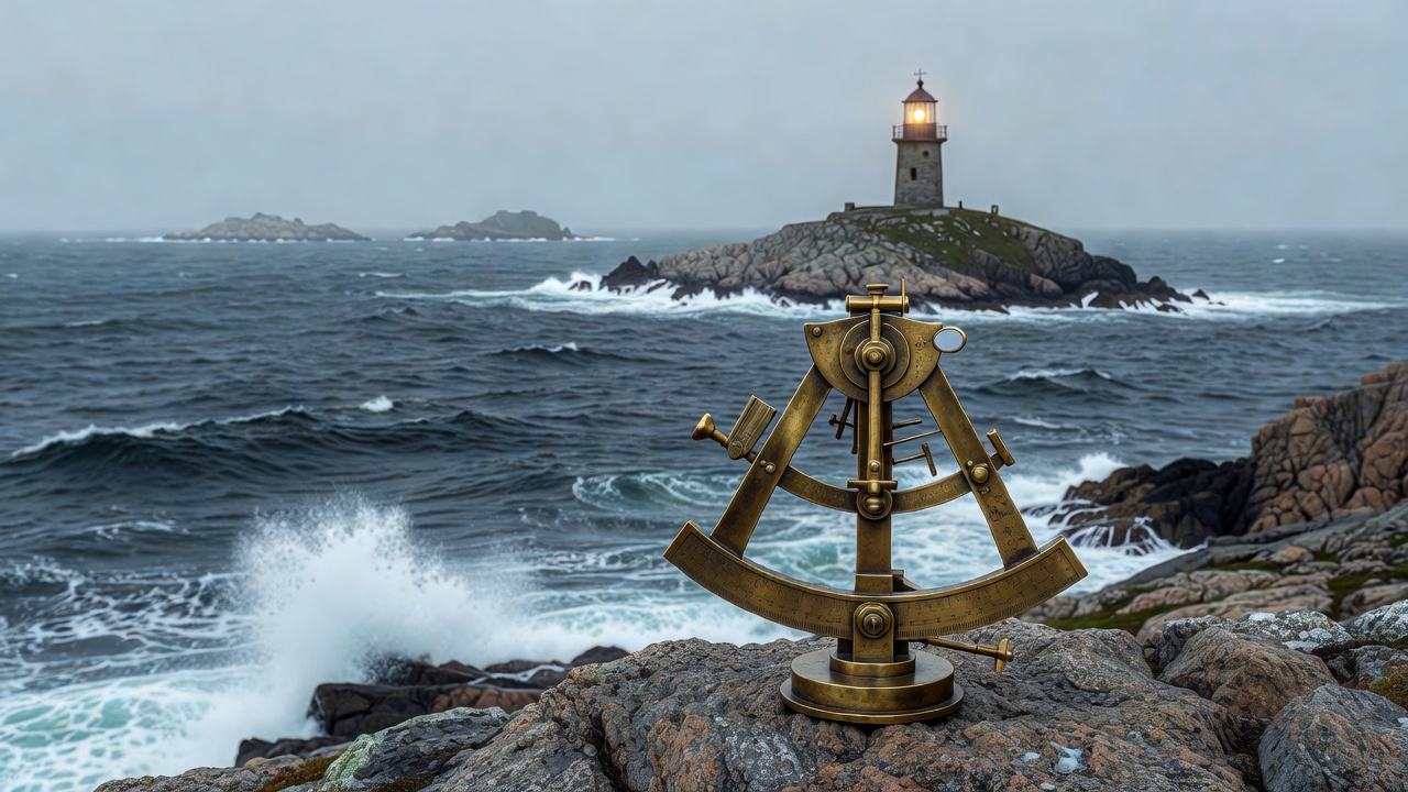 Render of an antique brass maritime sextant resting on a granite cliff looking over northern sea swells