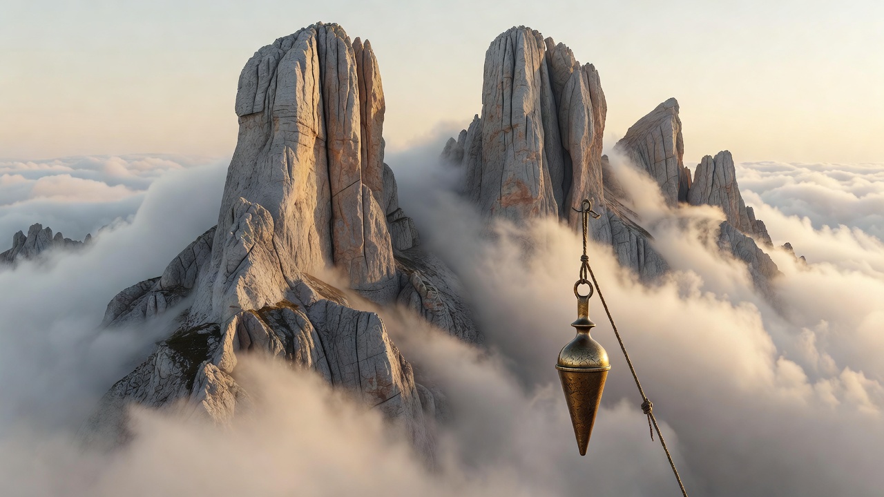 Render of sheer limestone rock towers rising through low morning clouds with an antique surveying plumb bob in foreground