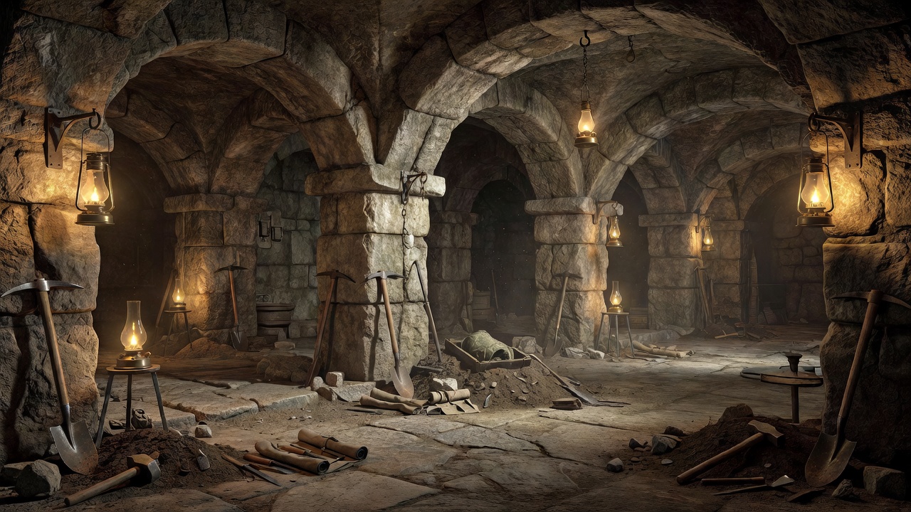 Render of vaulted subterranean stone chambers lit by warm brass lamps with historical excavation tools